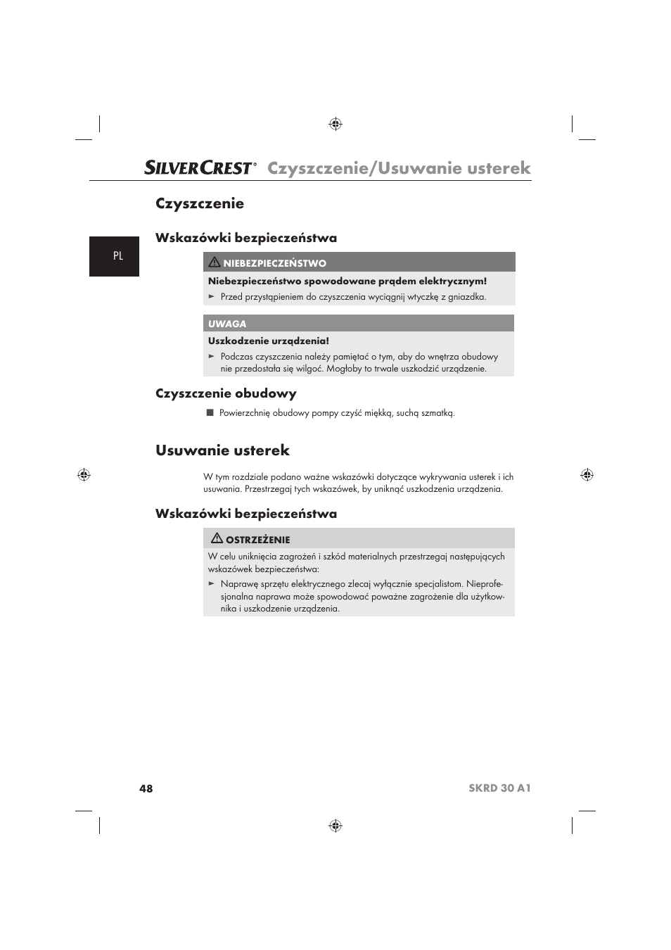 Czyszczenie/usuwanie usterek, Czyszczenie, Usuwanie usterek | Wskazówki bezpieczeństwa, Czyszczenie obudowy | Silvercrest SKRD 30 A1 User Manual | Page 50 / 158