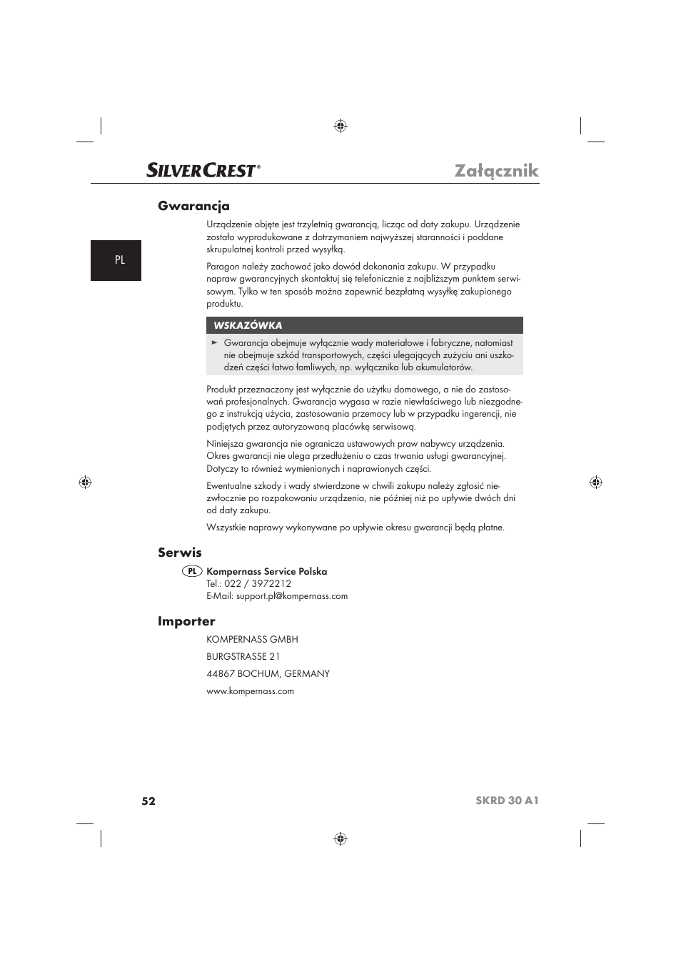 Załącznik, Gwarancja, Serwis | Importer | Silvercrest SKRD 30 A1 User Manual | Page 54 / 158