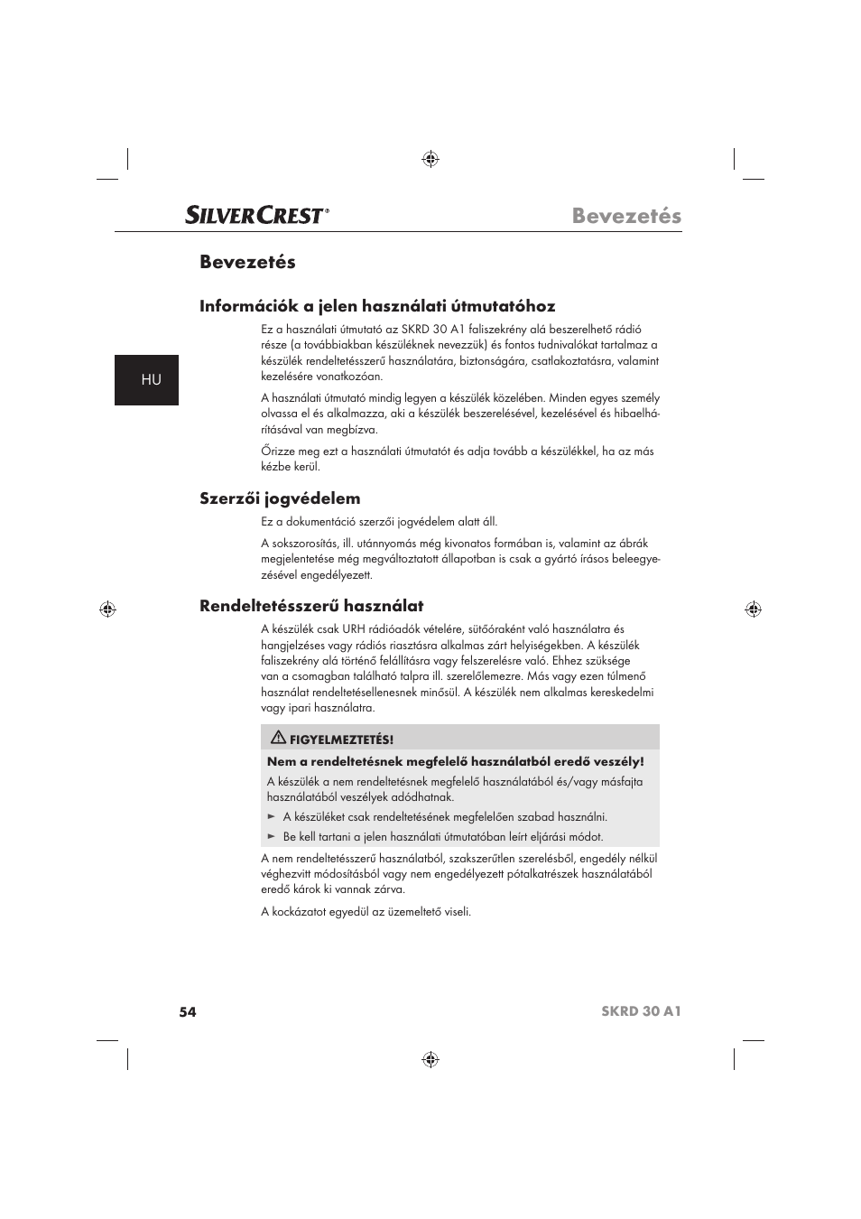 Bevezetés, Információk a jelen használati útmutatóhoz, Szerzői jogvédelem | Rendeltetésszerű használat | Silvercrest SKRD 30 A1 User Manual | Page 56 / 158