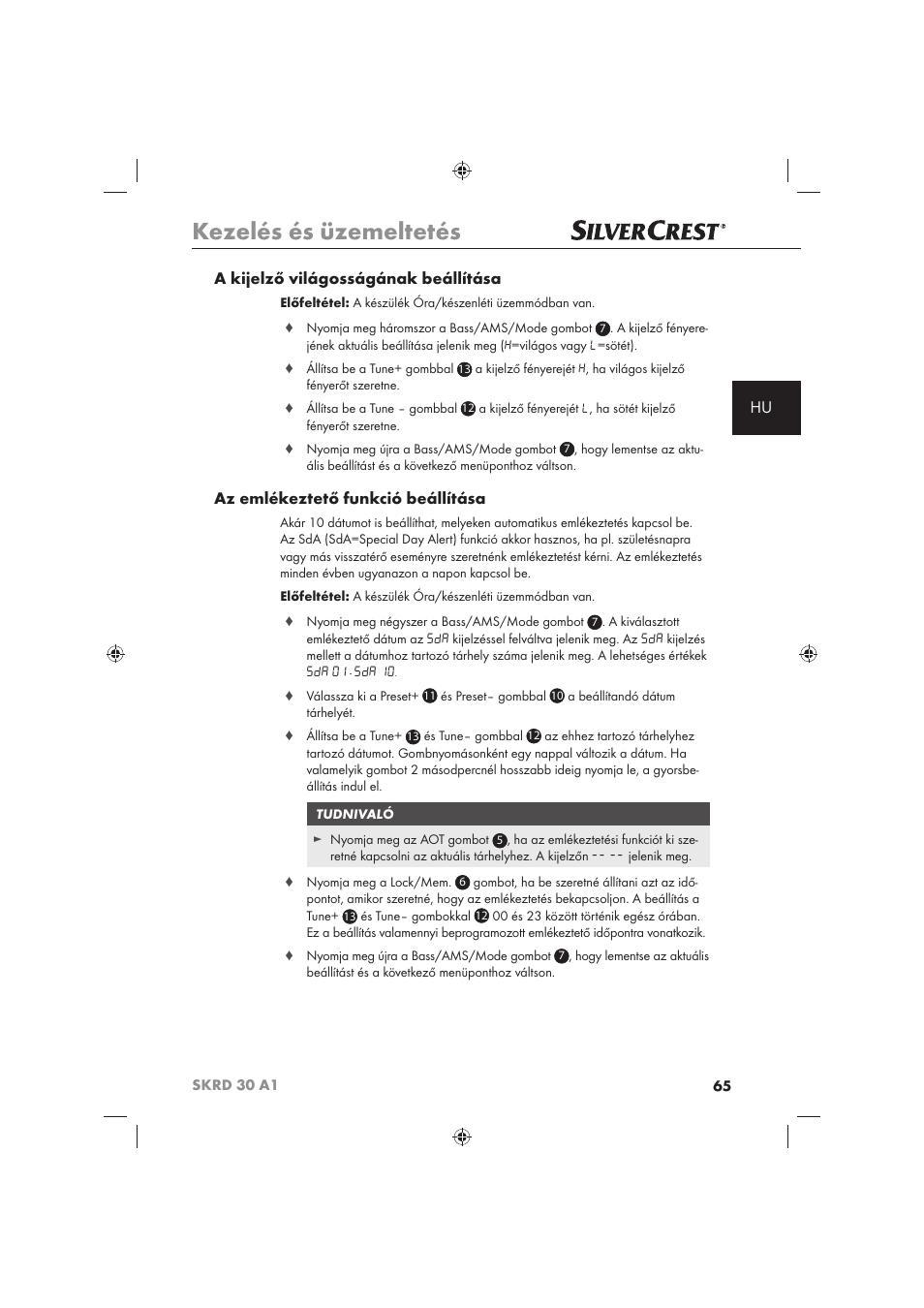 Kezelés és üzemeltetés, Hu a kijelző világosságának beállítása, Az emlékeztető funkció beállítása | Silvercrest SKRD 30 A1 User Manual | Page 67 / 158