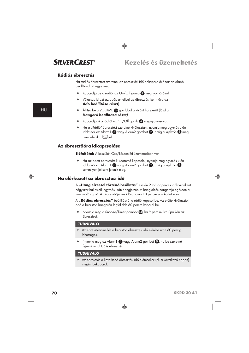 Kezelés és üzemeltetés, Hu rádiós ébresztés, Az ébresztőóra kikapcsolása | Ha elérkezett az ébresztési idő | Silvercrest SKRD 30 A1 User Manual | Page 72 / 158