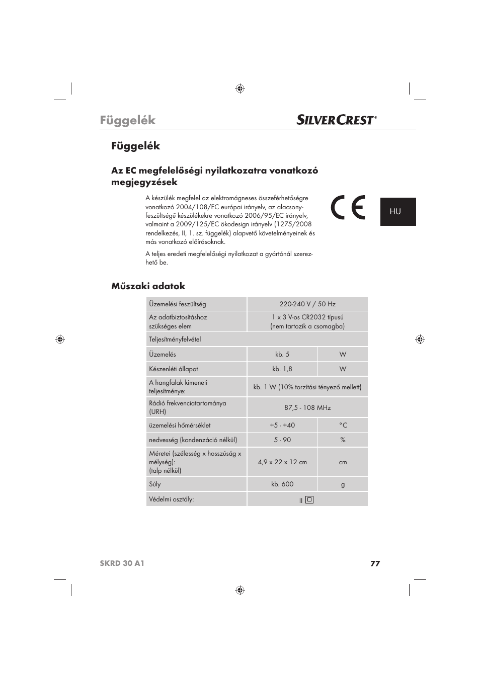 Függelék, Műszaki adatok | Silvercrest SKRD 30 A1 User Manual | Page 79 / 158