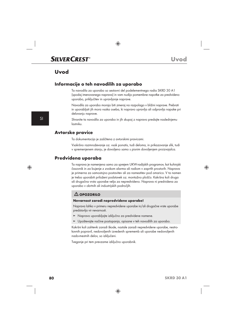 Uvod, Informacije o teh navodilih za uporabo, Avtorske pravice | Predvidena uporaba | Silvercrest SKRD 30 A1 User Manual | Page 82 / 158