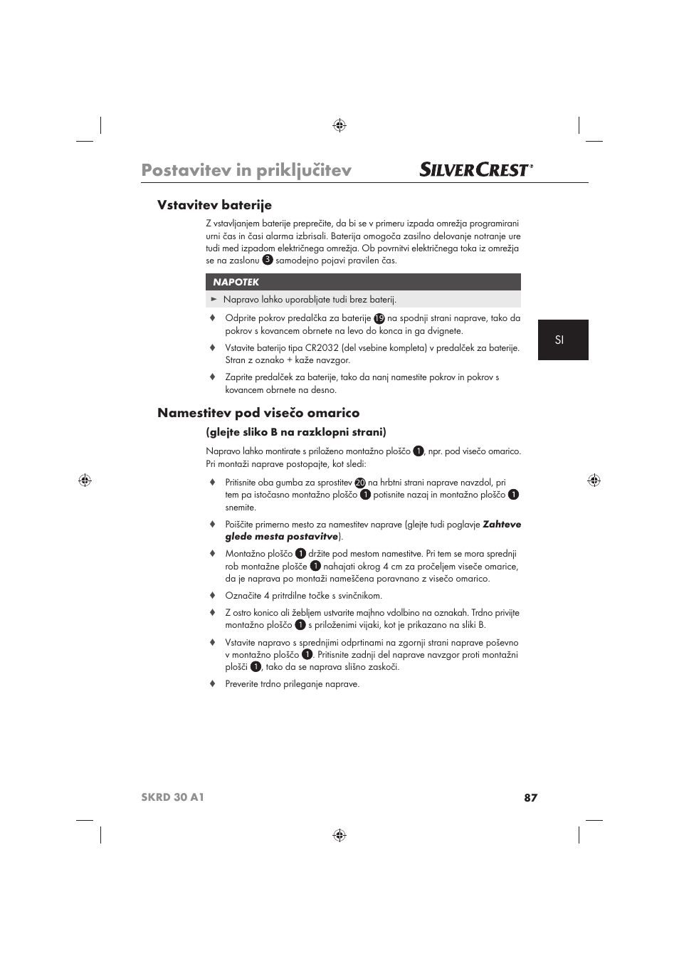 Postavitev in priključitev, Vstavitev baterije, Namestitev pod visečo omarico | Silvercrest SKRD 30 A1 User Manual | Page 89 / 158