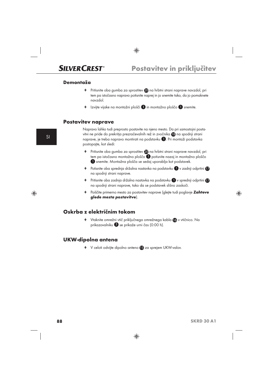 Postavitev in priključitev, Postavitev naprave, Oskrba z električnim tokom | Ukw-dipolna antena, Si demontaža | Silvercrest SKRD 30 A1 User Manual | Page 90 / 158