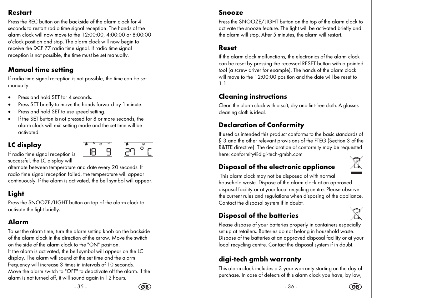 Restart, Manual time setting, Lc display | Light, Alarm, Snooze, Reset, Cleaning instructions, Declaration of conformity, Disposal of the electronic appliance | Silvercrest 4-LD3905 User Manual | Page 19 / 21