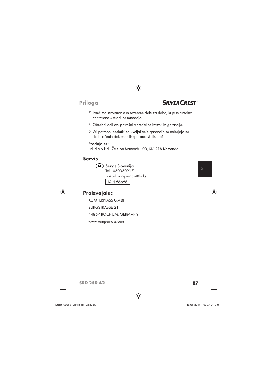 Priloga, Servis, Proizvajalec | Silvercrest SRD 250 A2 User Manual | Page 89 / 133