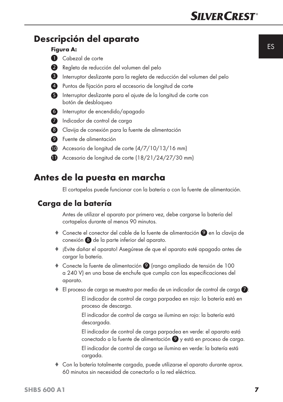 Descripción del aparato, Antes de la puesta en marcha, Carga de la batería | Silvercrest SHBS 600 A1 User Manual | Page 10 / 74