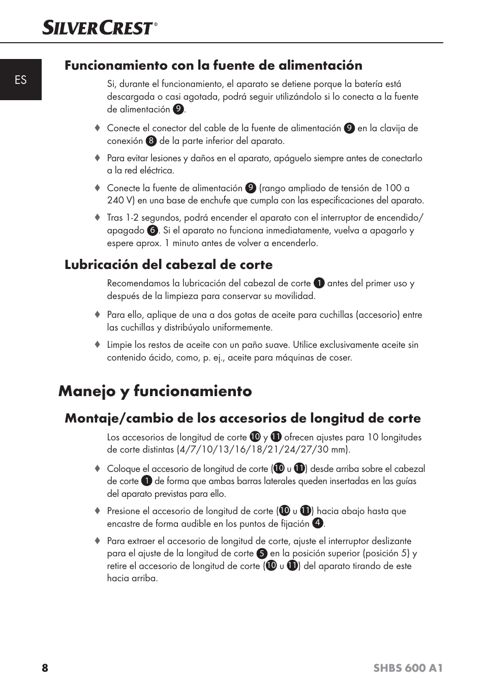 Manejo y funcionamiento, Funcionamiento con la fuente de alimentación, Lubricación del cabezal de corte | Silvercrest SHBS 600 A1 User Manual | Page 11 / 74