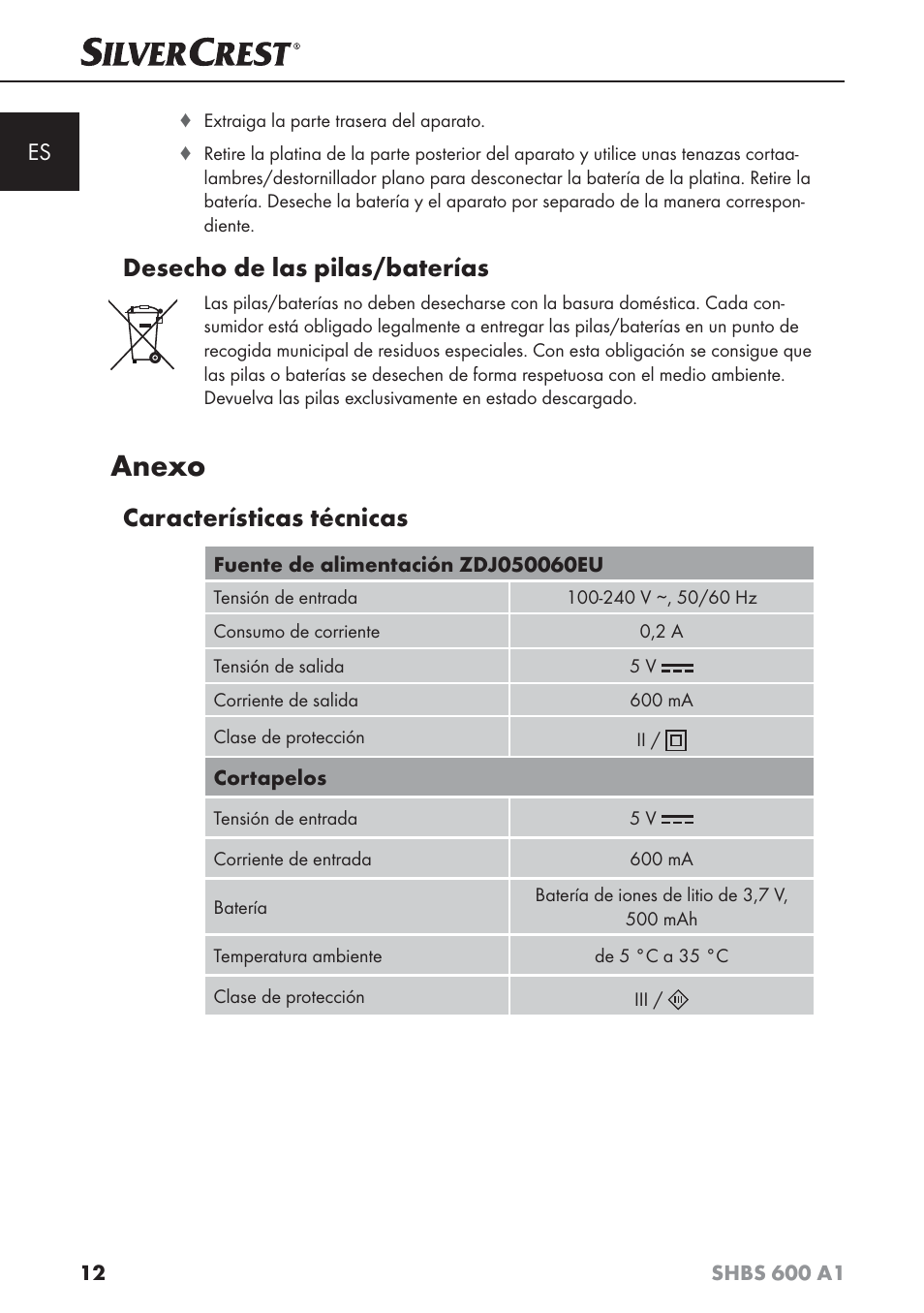 Anexo, Desecho de las pilas/baterías, Características técnicas | Silvercrest SHBS 600 A1 User Manual | Page 15 / 74