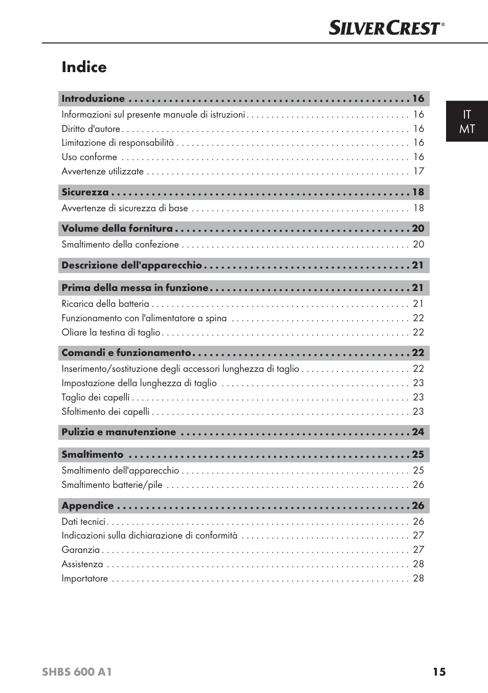 Indice, It mt | Silvercrest SHBS 600 A1 User Manual | Page 18 / 74