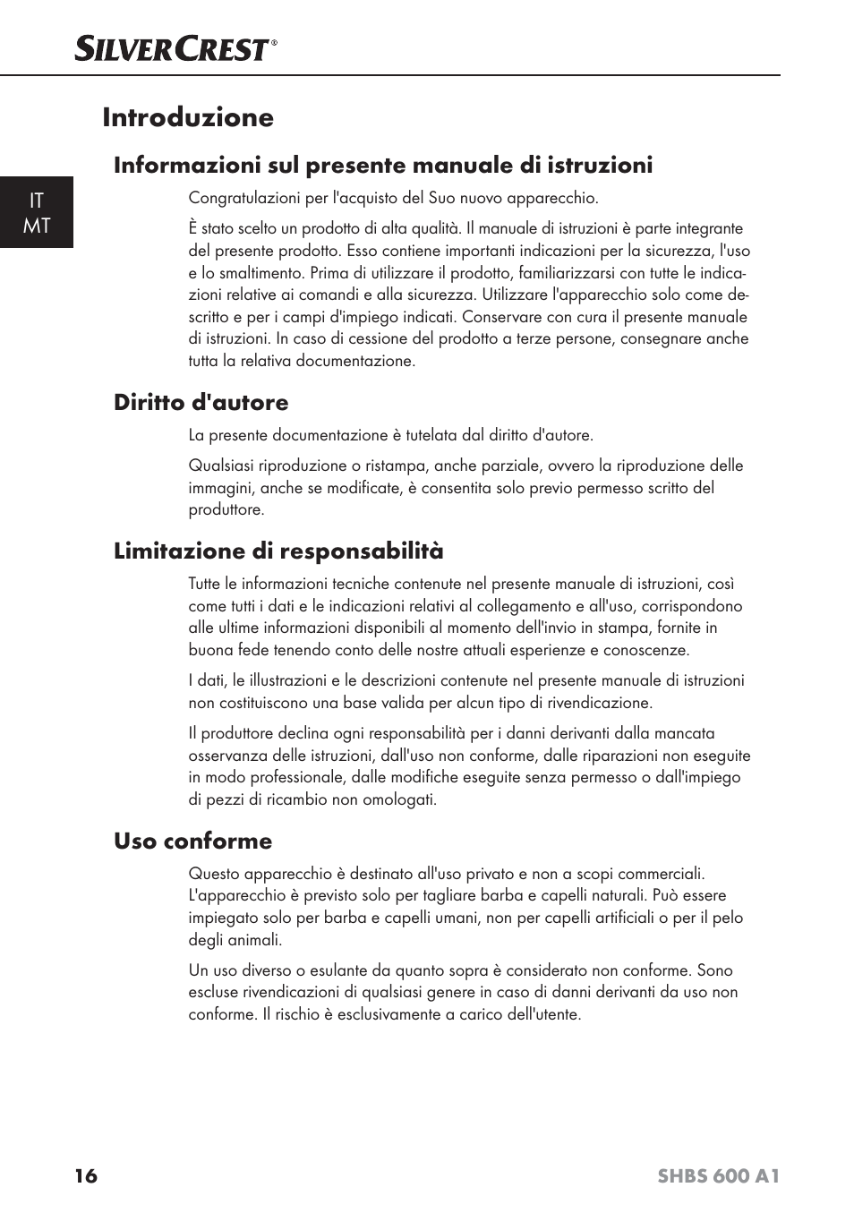 Introduzione, Informazioni sul presente manuale di istruzioni, Diritto d'autore | Limitazione di responsabilità, Uso conforme | Silvercrest SHBS 600 A1 User Manual | Page 19 / 74