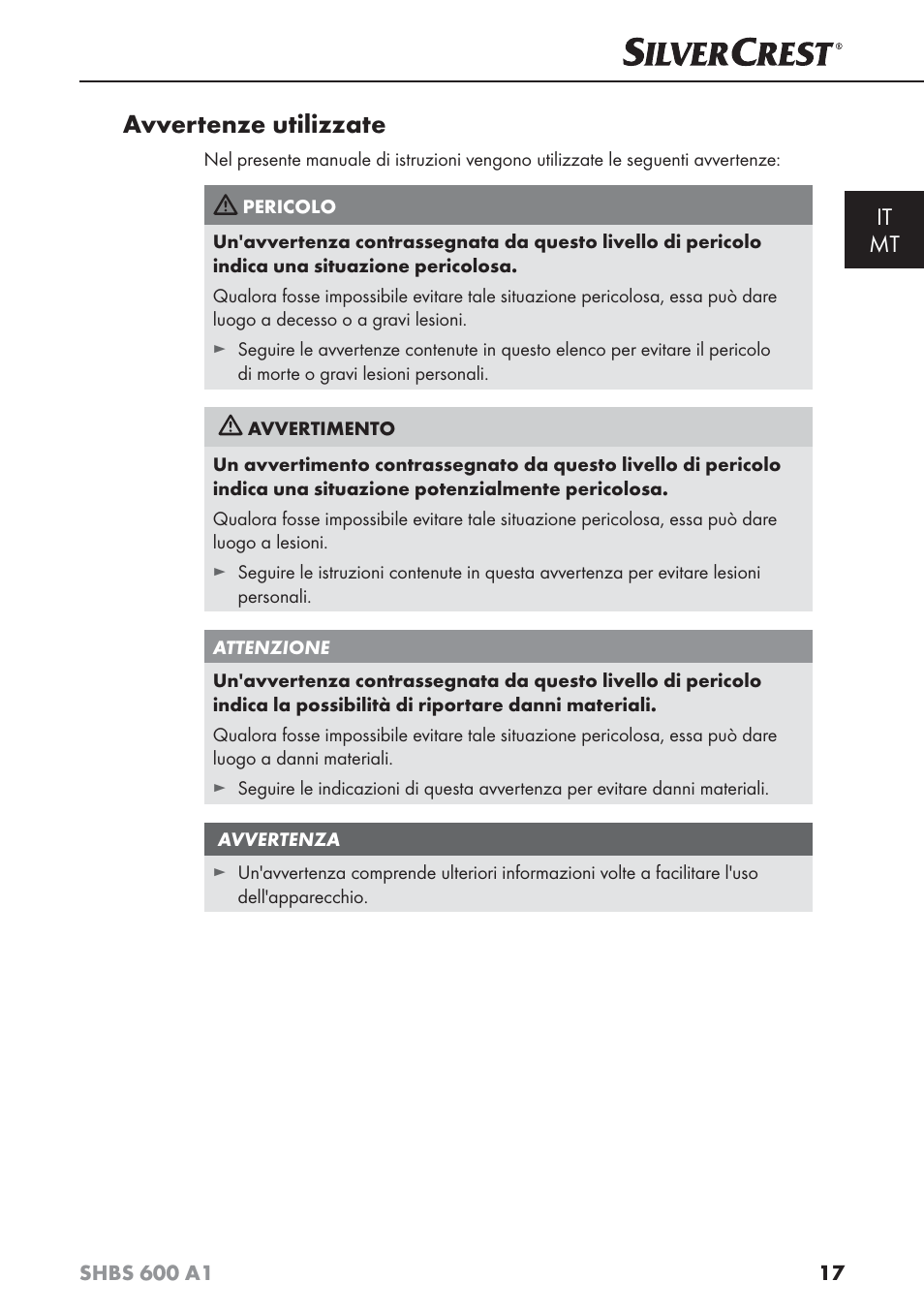 Avvertenze utilizzate, It mt | Silvercrest SHBS 600 A1 User Manual | Page 20 / 74