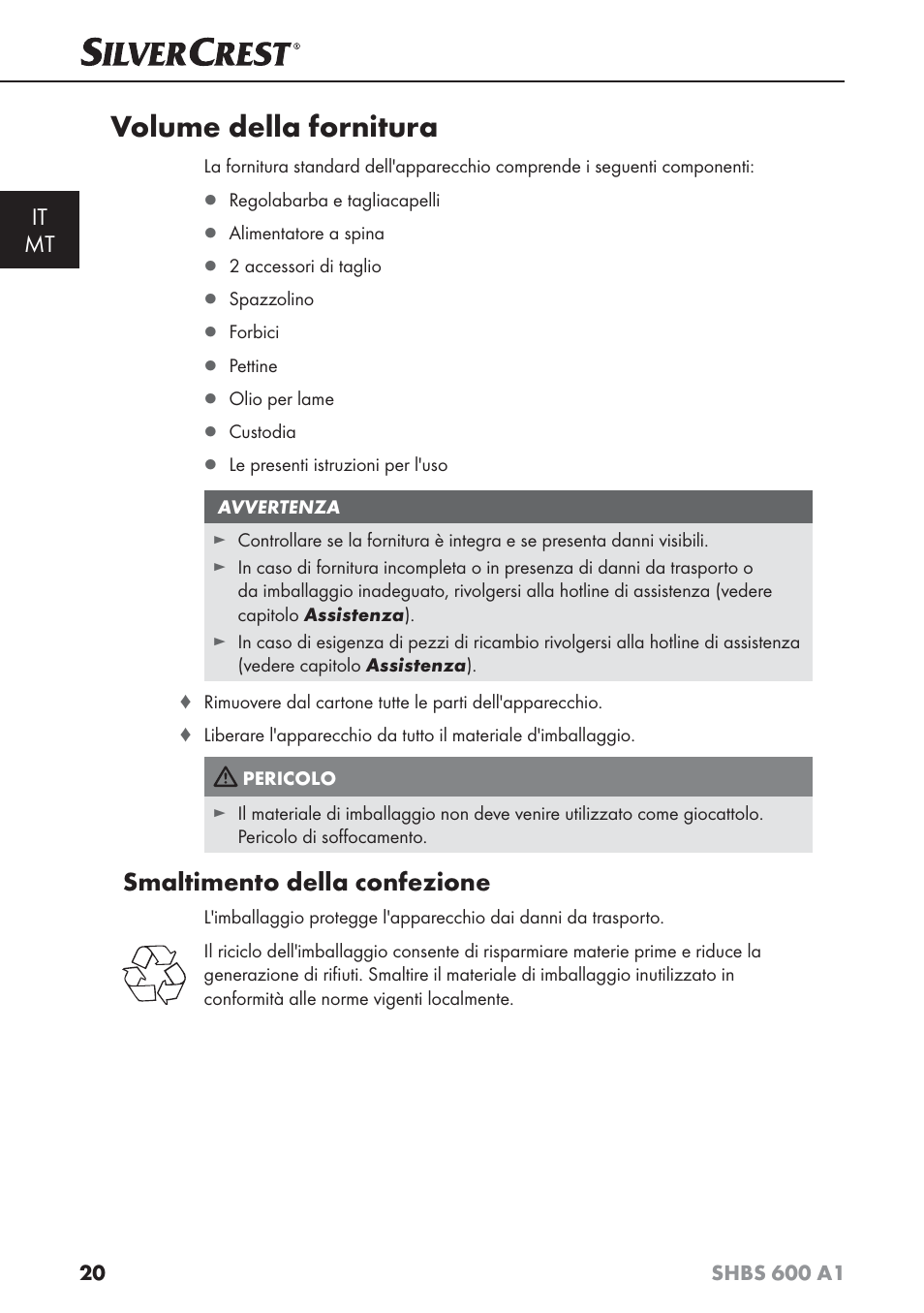 Volume della fornitura, Smaltimento della confezione, It mt | Silvercrest SHBS 600 A1 User Manual | Page 23 / 74