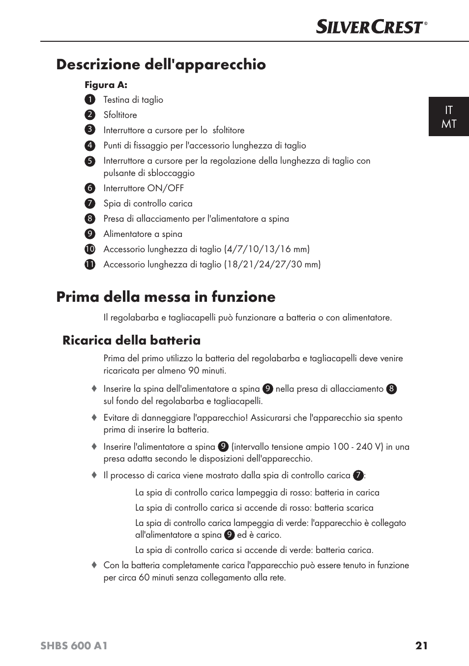 Descrizione dell'apparecchio, Prima della messa in funzione, Ricarica della batteria | It mt | Silvercrest SHBS 600 A1 User Manual | Page 24 / 74