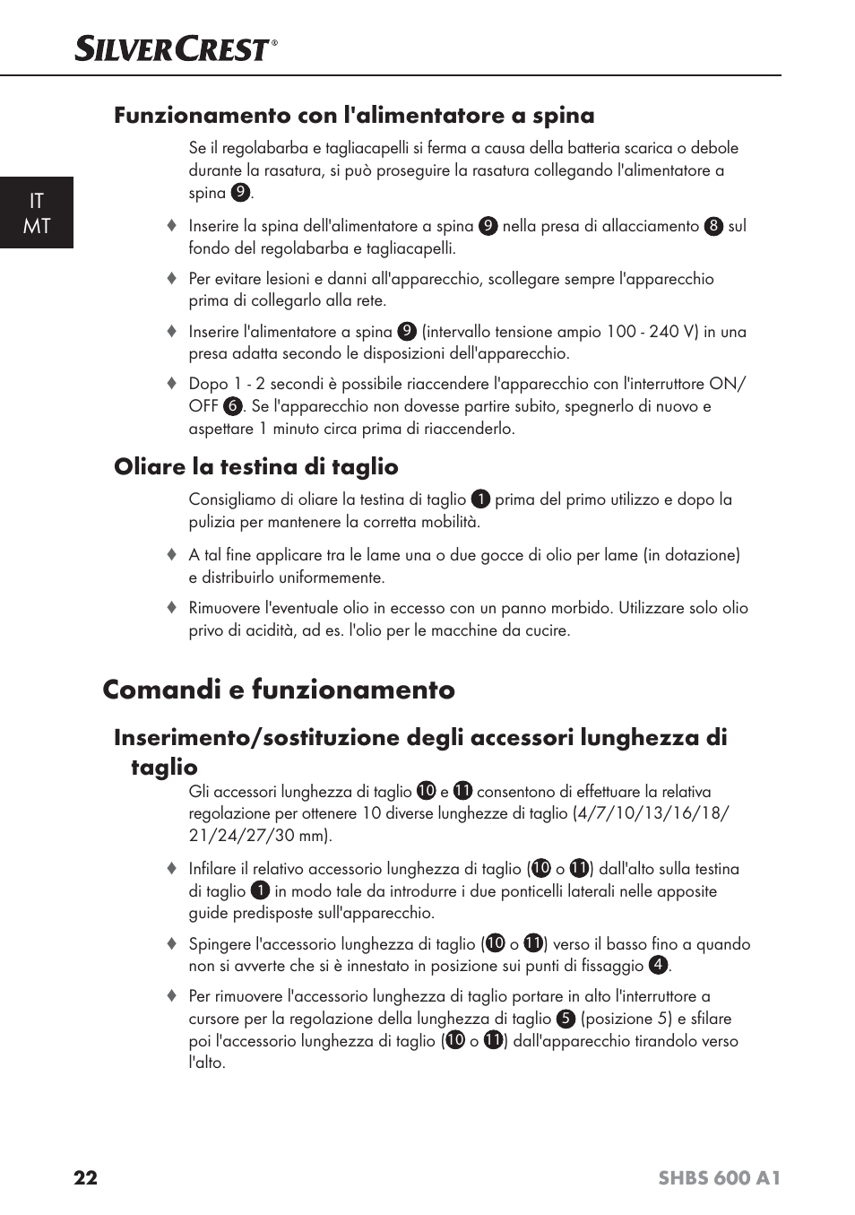 Comandi e funzionamento, Funzionamento con l'alimentatore a spina, Oliare la testina di taglio | It mt | Silvercrest SHBS 600 A1 User Manual | Page 25 / 74