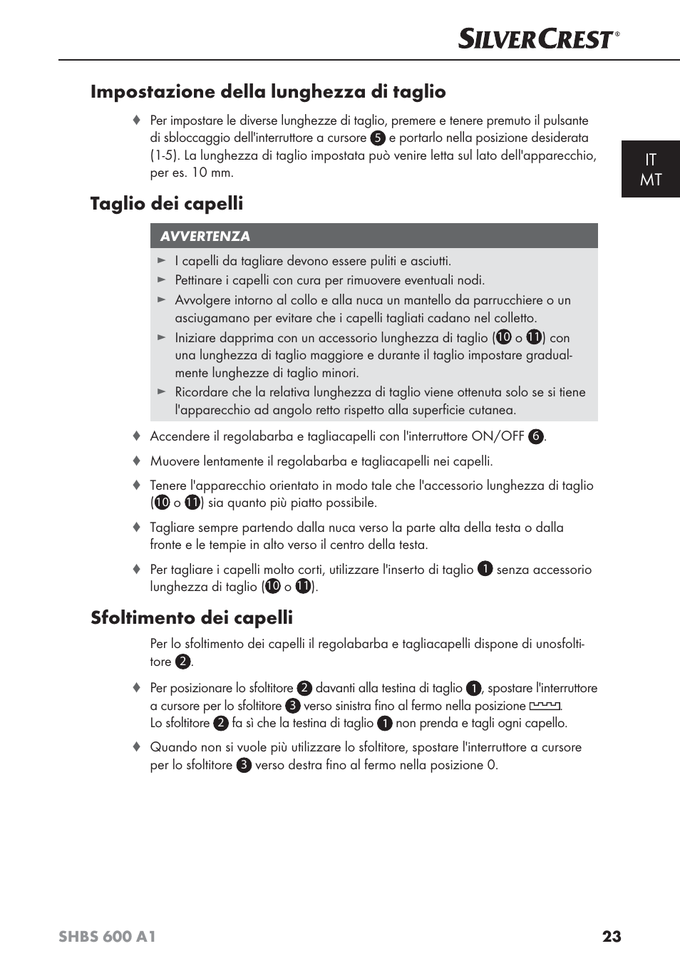 Impostazione della lunghezza di taglio, Taglio dei capelli, Sfoltimento dei capelli | It mt | Silvercrest SHBS 600 A1 User Manual | Page 26 / 74