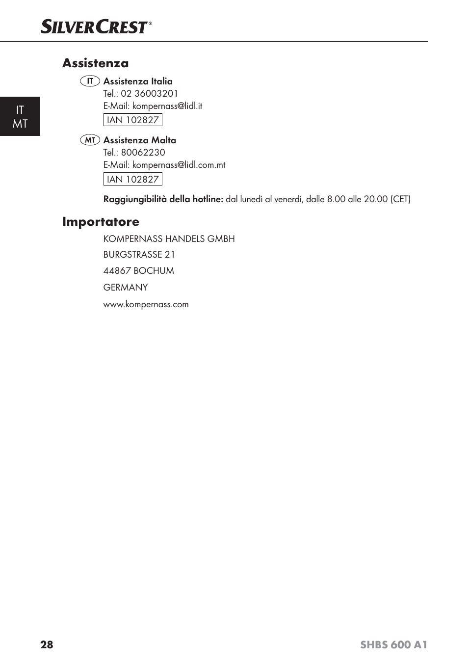 Assistenza, Importatore, It mt | Silvercrest SHBS 600 A1 User Manual | Page 31 / 74