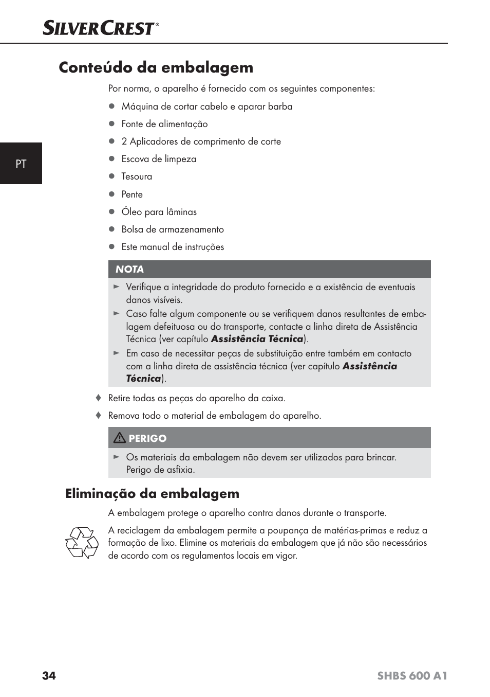 Conteúdo da embalagem, Eliminação da embalagem | Silvercrest SHBS 600 A1 User Manual | Page 37 / 74
