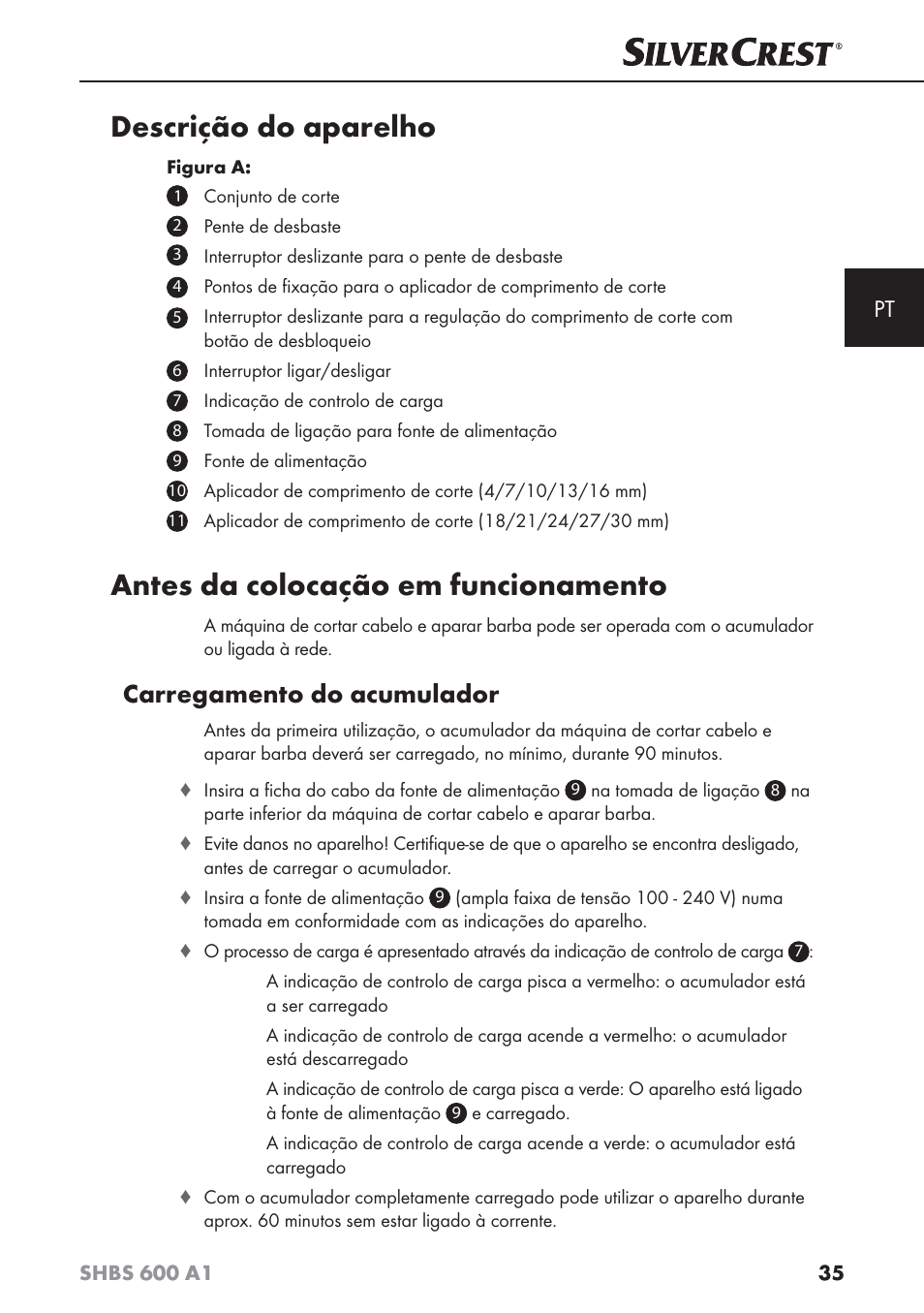 Descrição do aparelho, Antes da colocação em funcionamento, Carregamento do acumulador | Silvercrest SHBS 600 A1 User Manual | Page 38 / 74