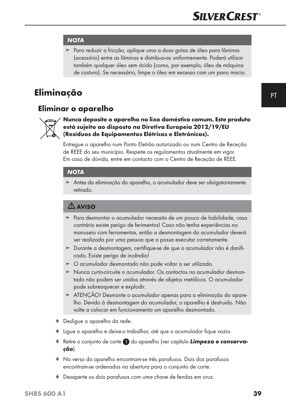Eliminação, Eliminar o aparelho | Silvercrest SHBS 600 A1 User Manual | Page 42 / 74