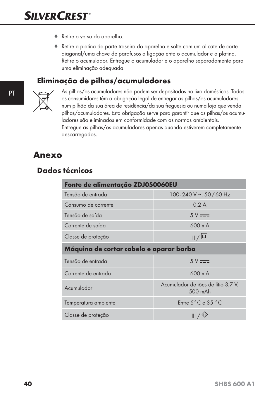 Anexo, Eliminação de pilhas/acumuladores, Dados técnicos | Silvercrest SHBS 600 A1 User Manual | Page 43 / 74