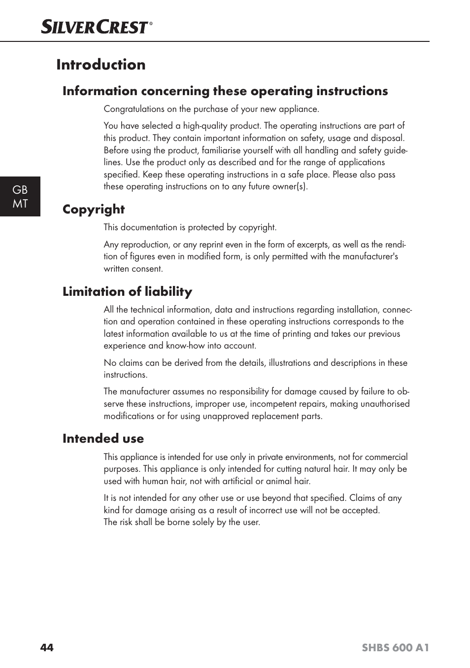 Introduction, Copyright, Limitation of liability | Intended use | Silvercrest SHBS 600 A1 User Manual | Page 47 / 74