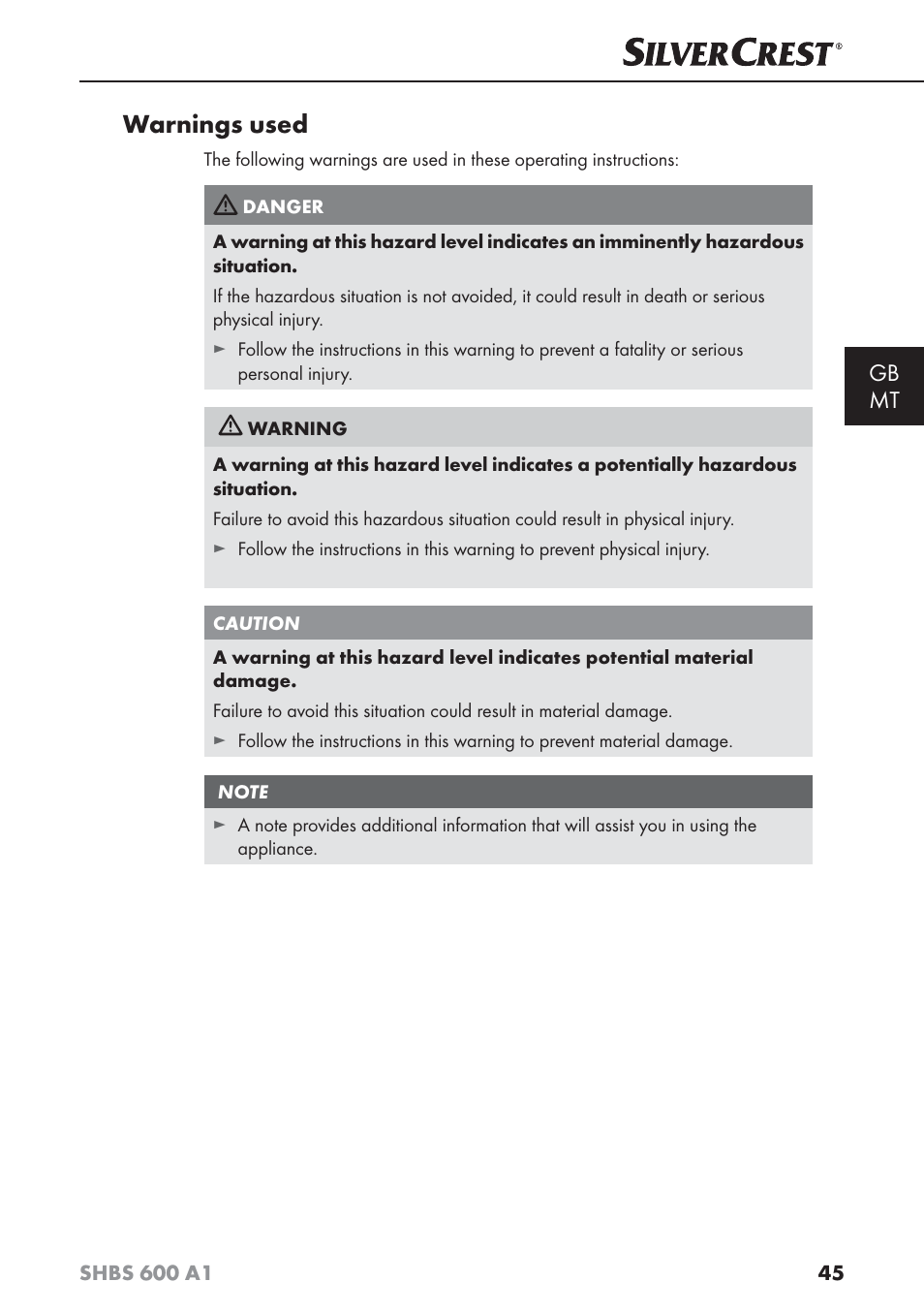 Warnings used, Gb mt | Silvercrest SHBS 600 A1 User Manual | Page 48 / 74