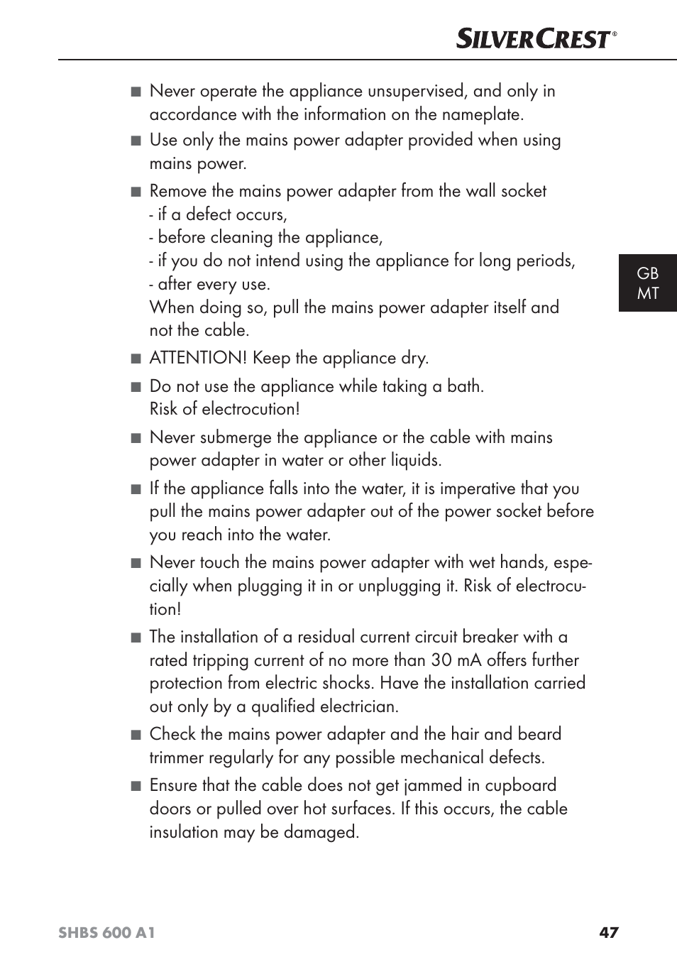 Attention! keep the appliance dry | Silvercrest SHBS 600 A1 User Manual | Page 50 / 74