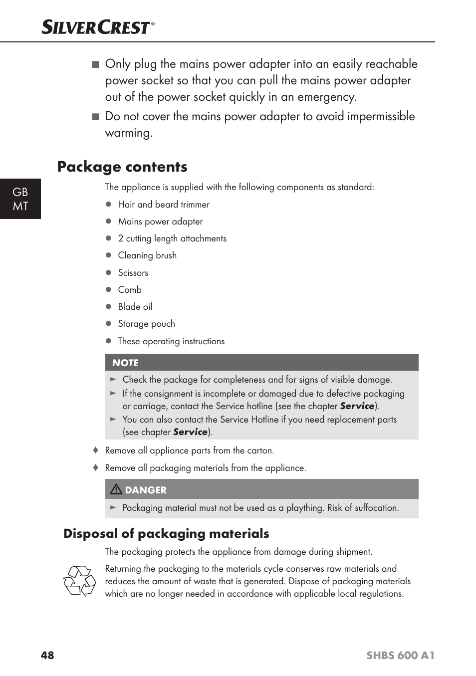 Package contents, Disposal of packaging materials, Gb mt | Silvercrest SHBS 600 A1 User Manual | Page 51 / 74