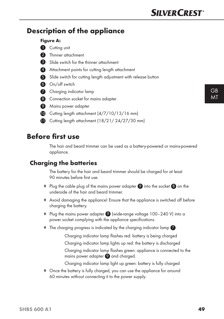 Description of the appliance, Before ﬁ rst use, Charging the batteries | Gb mt | Silvercrest SHBS 600 A1 User Manual | Page 52 / 74