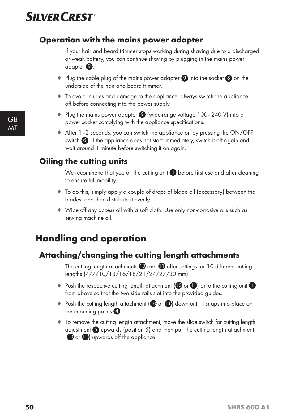 Handling and operation, Operation with the mains power adapter, Oiling the cutting units | Attaching/changing the cutting length attachments, Gb mt | Silvercrest SHBS 600 A1 User Manual | Page 53 / 74