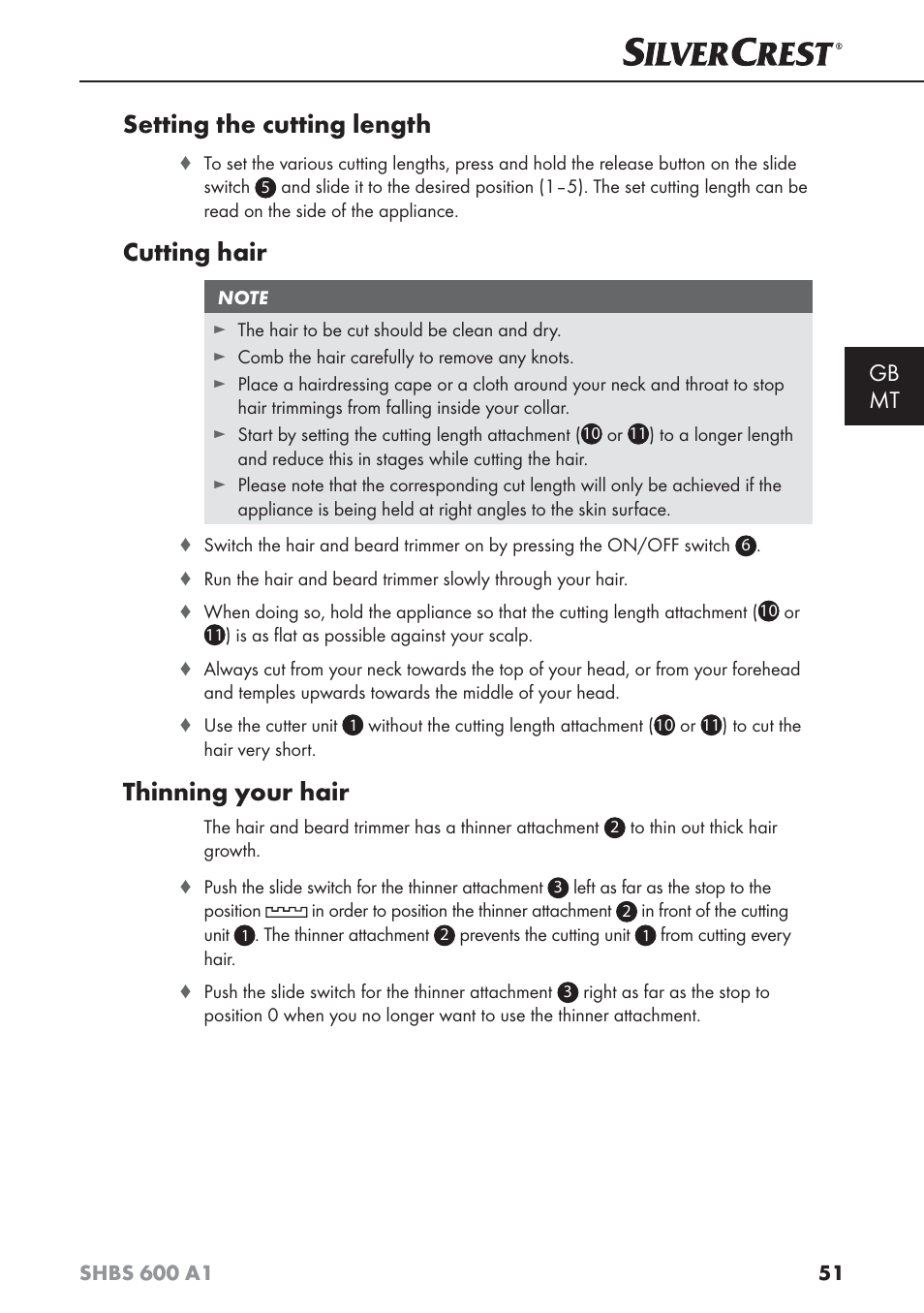 Setting the cutting length, Cutting hair, Thinning your hair | Gb mt | Silvercrest SHBS 600 A1 User Manual | Page 54 / 74