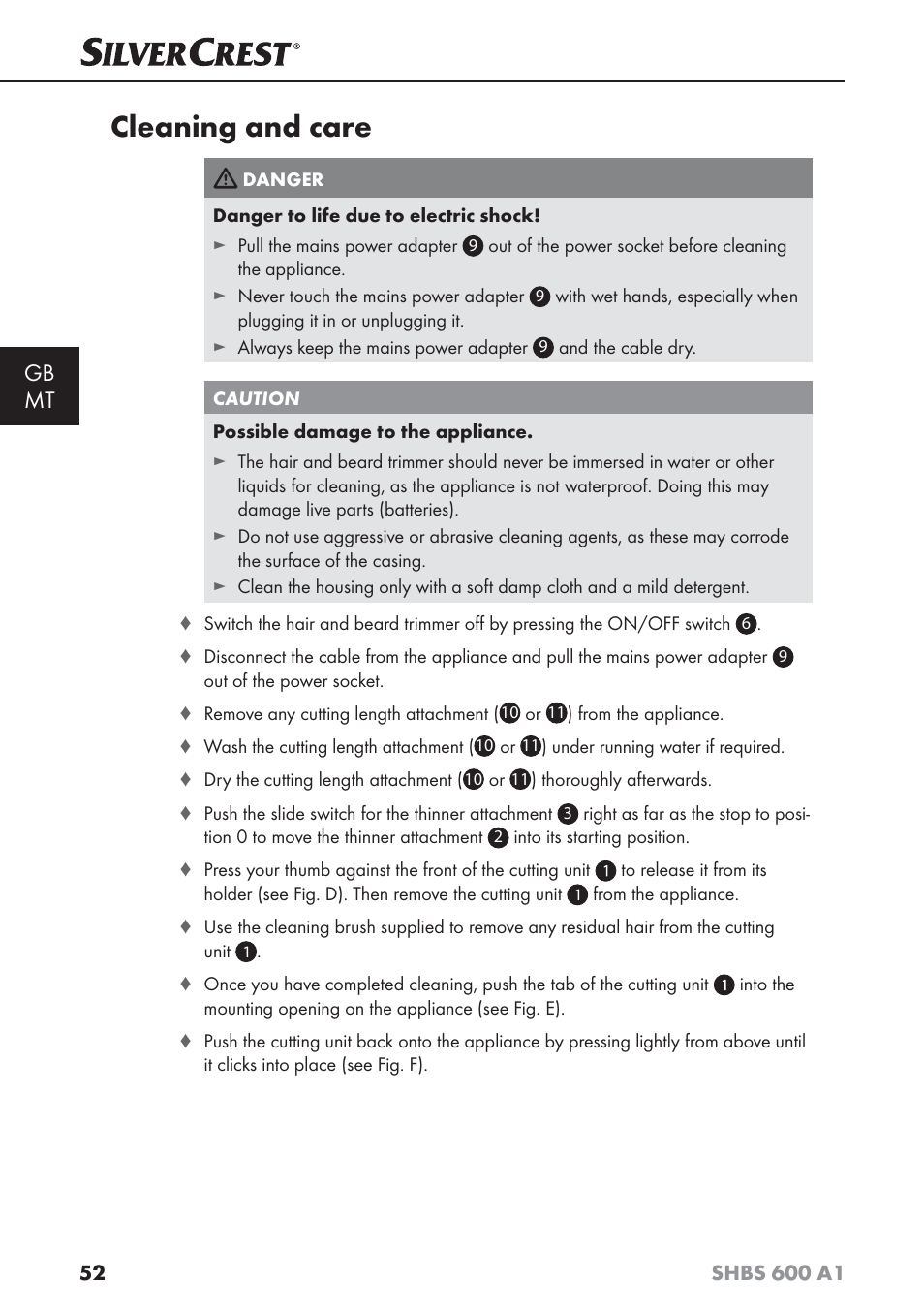 Cleaning and care, Gb mt | Silvercrest SHBS 600 A1 User Manual | Page 55 / 74