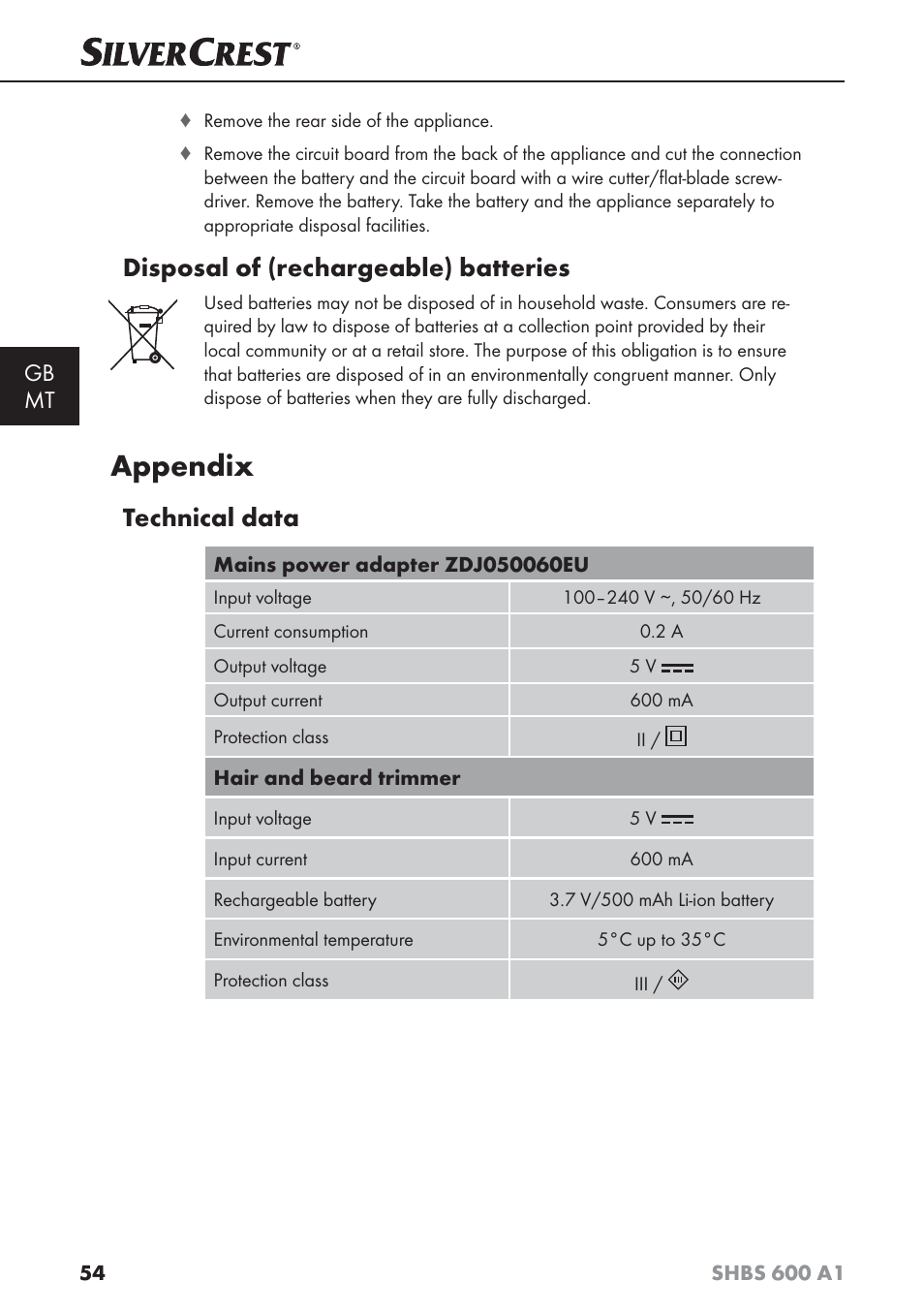 Appendix, Disposal of (rechargeable) batteries, Technical data | Gb mt | Silvercrest SHBS 600 A1 User Manual | Page 57 / 74