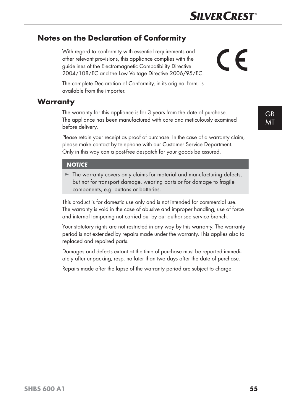 Warranty, Gb mt | Silvercrest SHBS 600 A1 User Manual | Page 58 / 74
