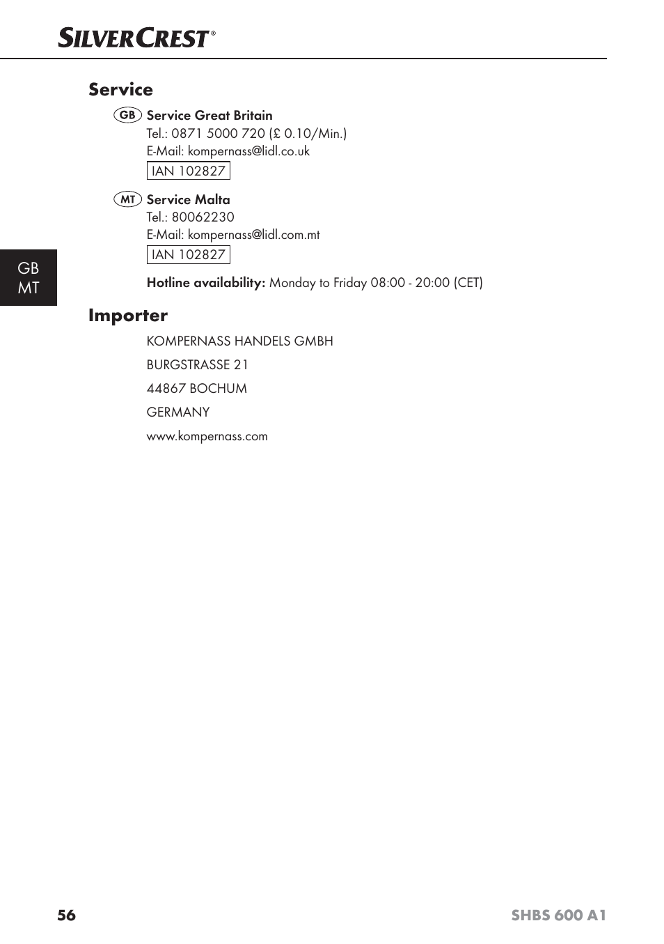 Service, Importer, Gb mt | Silvercrest SHBS 600 A1 User Manual | Page 59 / 74