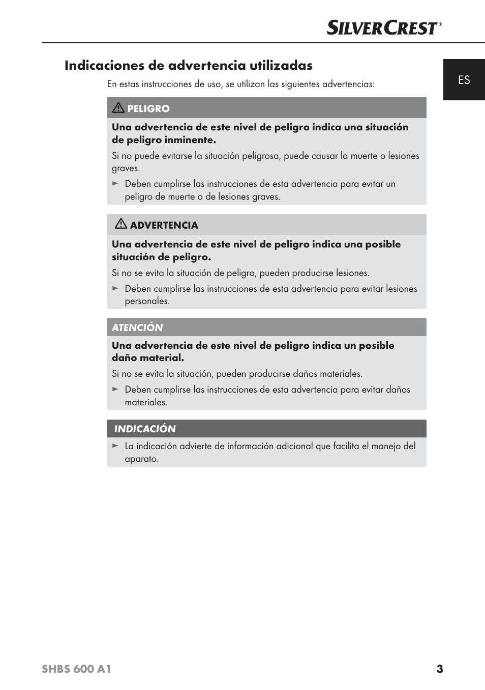 Indicaciones de advertencia utilizadas | Silvercrest SHBS 600 A1 User Manual | Page 6 / 74