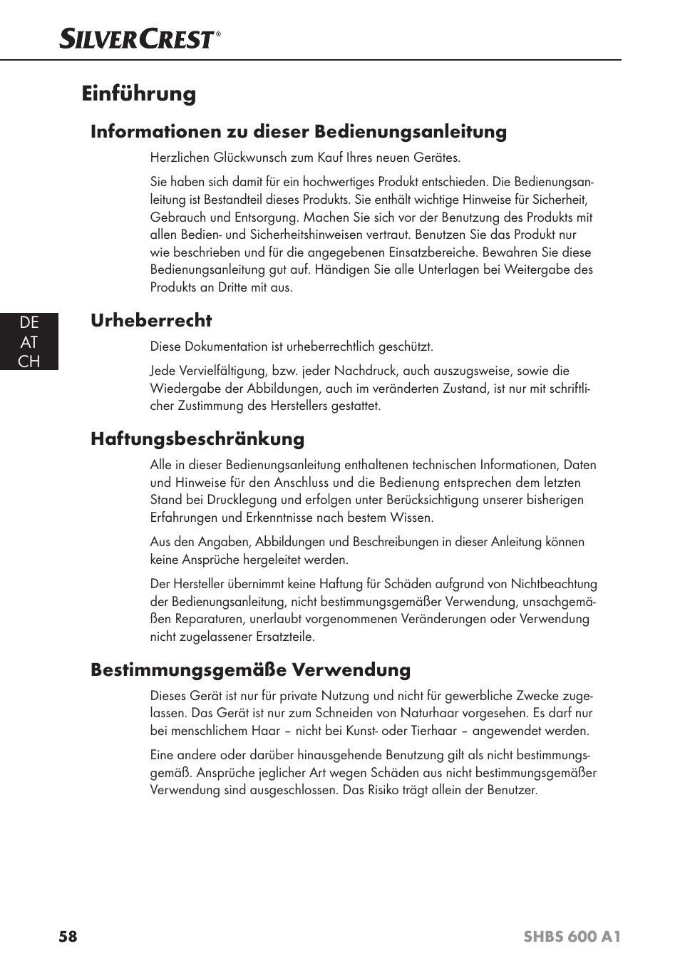 Einführung, Informationen zu dieser bedienungsanleitung, Urheberrecht | Haftungsbeschränkung, Bestimmungsgemäße verwendung | Silvercrest SHBS 600 A1 User Manual | Page 61 / 74