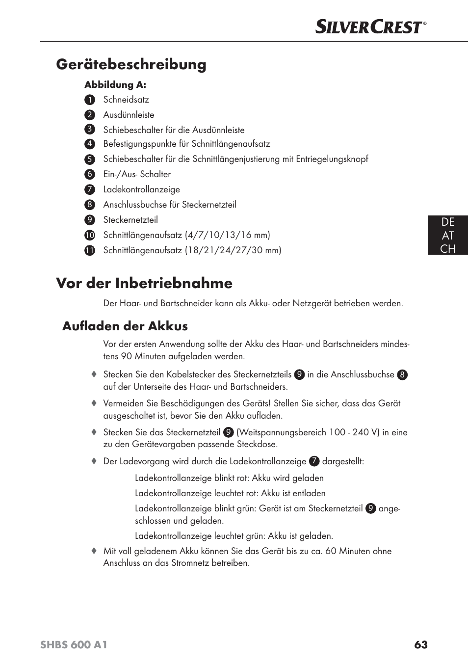 Gerätebeschreibung, Vor der inbetriebnahme, Auﬂ aden der akkus | De at ch | Silvercrest SHBS 600 A1 User Manual | Page 66 / 74
