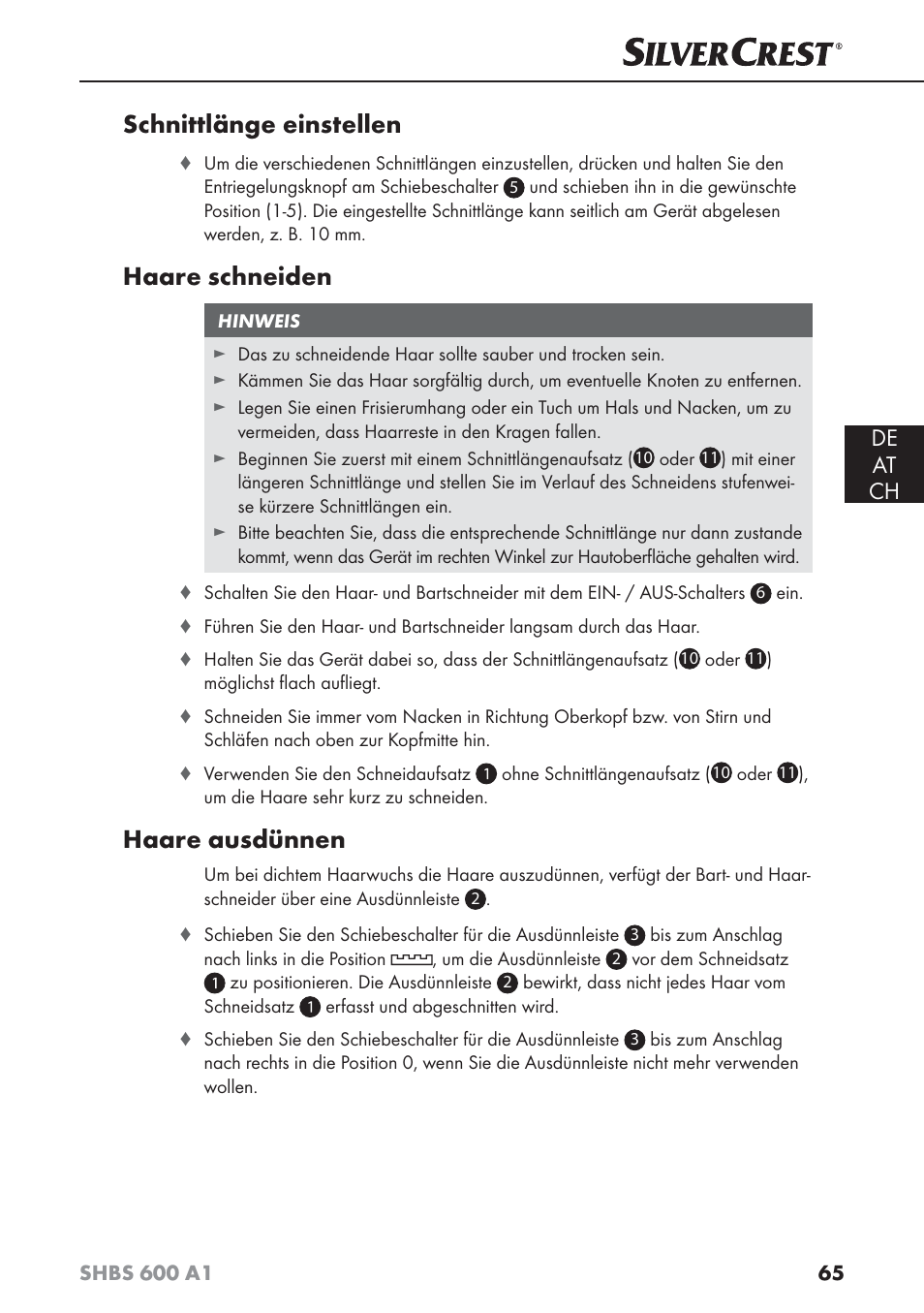 Schnittlänge einstellen, Haare schneiden, Haare ausdünnen | De at ch | Silvercrest SHBS 600 A1 User Manual | Page 68 / 74