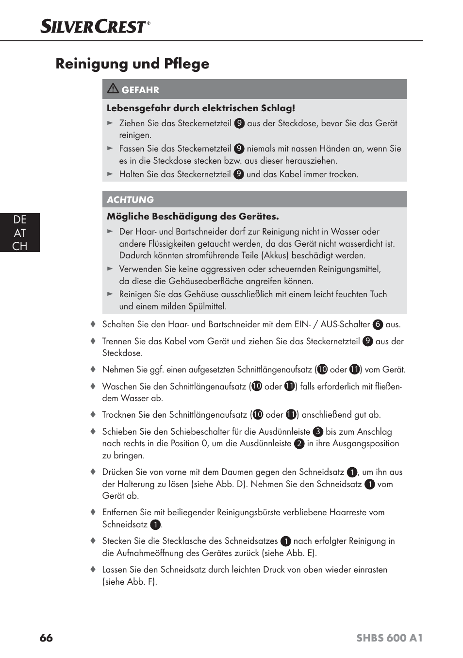 Reinigung und pﬂ ege, De at ch | Silvercrest SHBS 600 A1 User Manual | Page 69 / 74