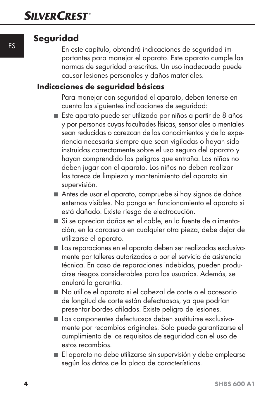 Seguridad | Silvercrest SHBS 600 A1 User Manual | Page 7 / 74