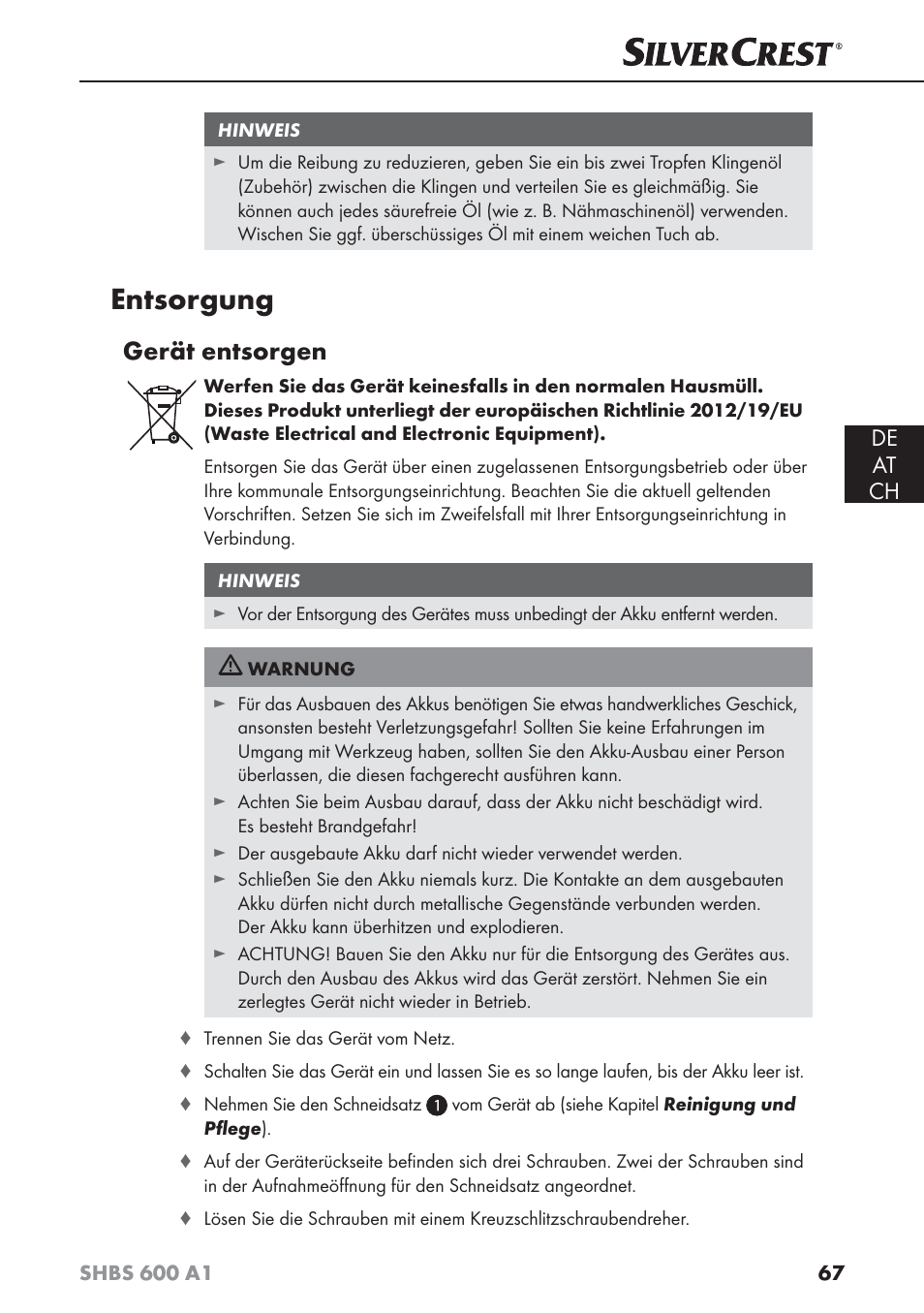 Entsorgung, Gerät entsorgen, De at ch | Silvercrest SHBS 600 A1 User Manual | Page 70 / 74