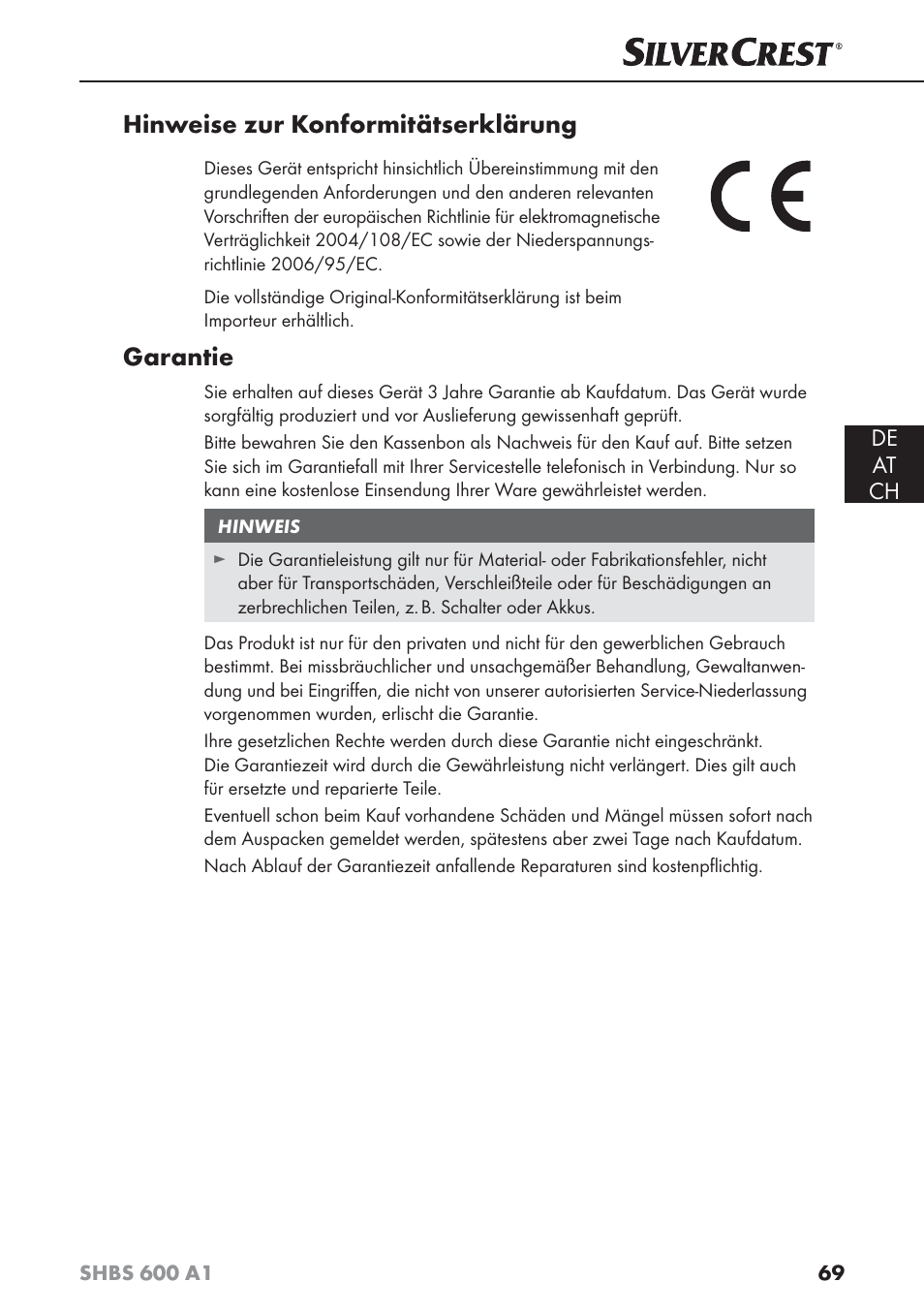 Hinweise zur konformitätserklärung, Garantie, De at ch | Silvercrest SHBS 600 A1 User Manual | Page 72 / 74