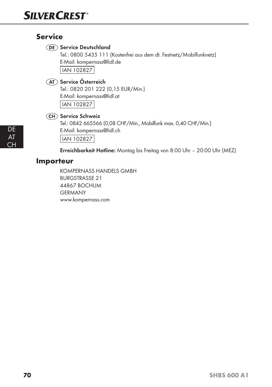 Service, Importeur, De at ch | Silvercrest SHBS 600 A1 User Manual | Page 73 / 74