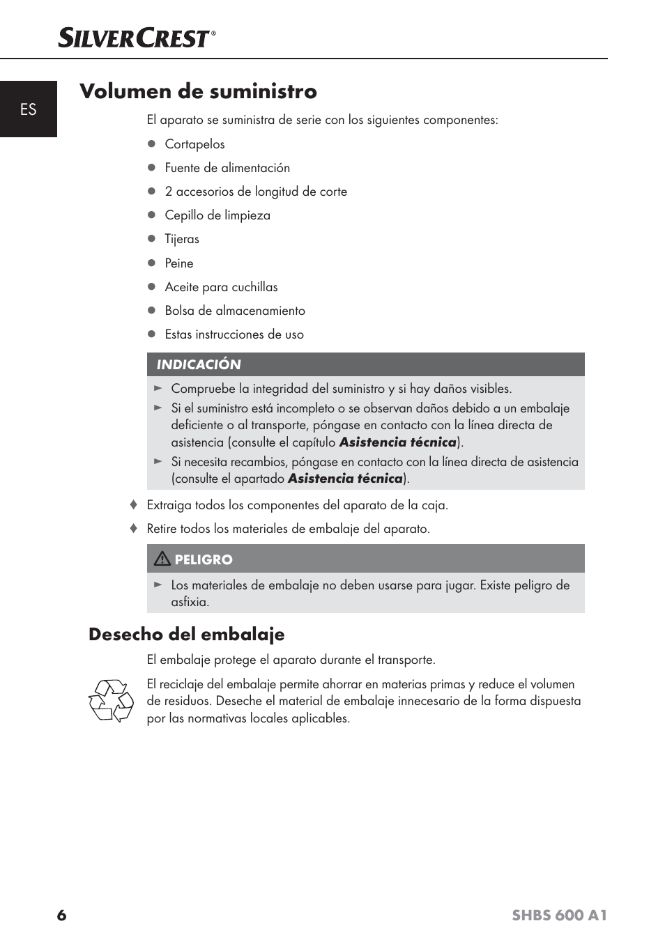 Volumen de suministro, Desecho del embalaje | Silvercrest SHBS 600 A1 User Manual | Page 9 / 74