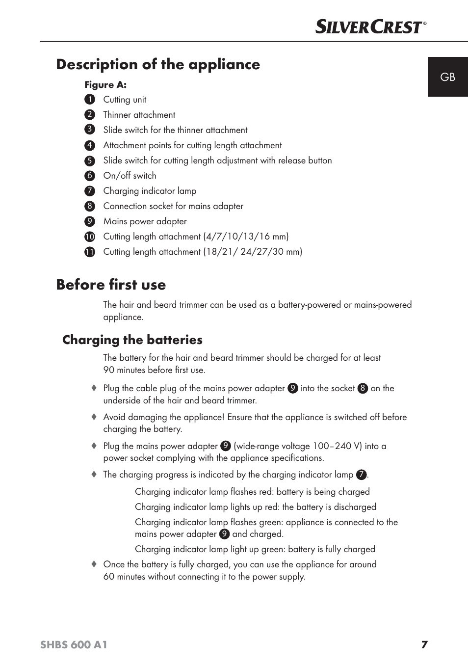 Description of the appliance, Before ﬁ rst use, Charging the batteries | Silvercrest SHBS 600 A1 User Manual | Page 10 / 102