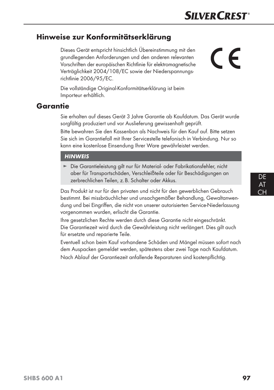 Hinweise zur konformitätserklärung, Garantie, De at ch | Silvercrest SHBS 600 A1 User Manual | Page 100 / 102