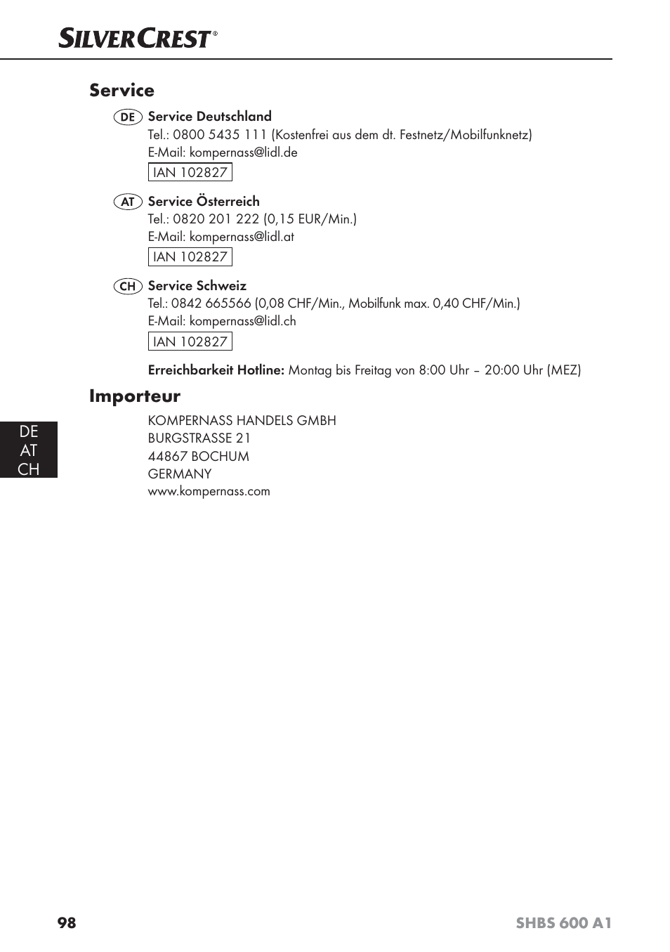 Service, Importeur, De at ch | Silvercrest SHBS 600 A1 User Manual | Page 101 / 102
